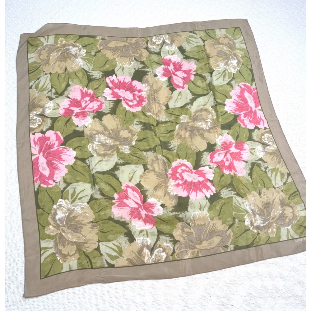 Ellen Tracy Silk Scarf Square Floral Pink Hibiscus Olive Green Tan 34x34